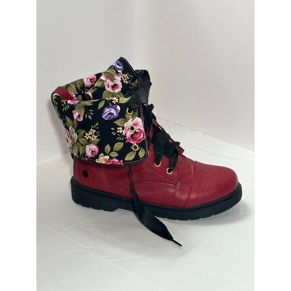 Women's Ribbon Lace up Cuff Floral Combat Boots Size 8.5-9 - Picture 5 of 10